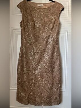 Sue Wong Taupe Sequin Formal Midi Dress Size 10